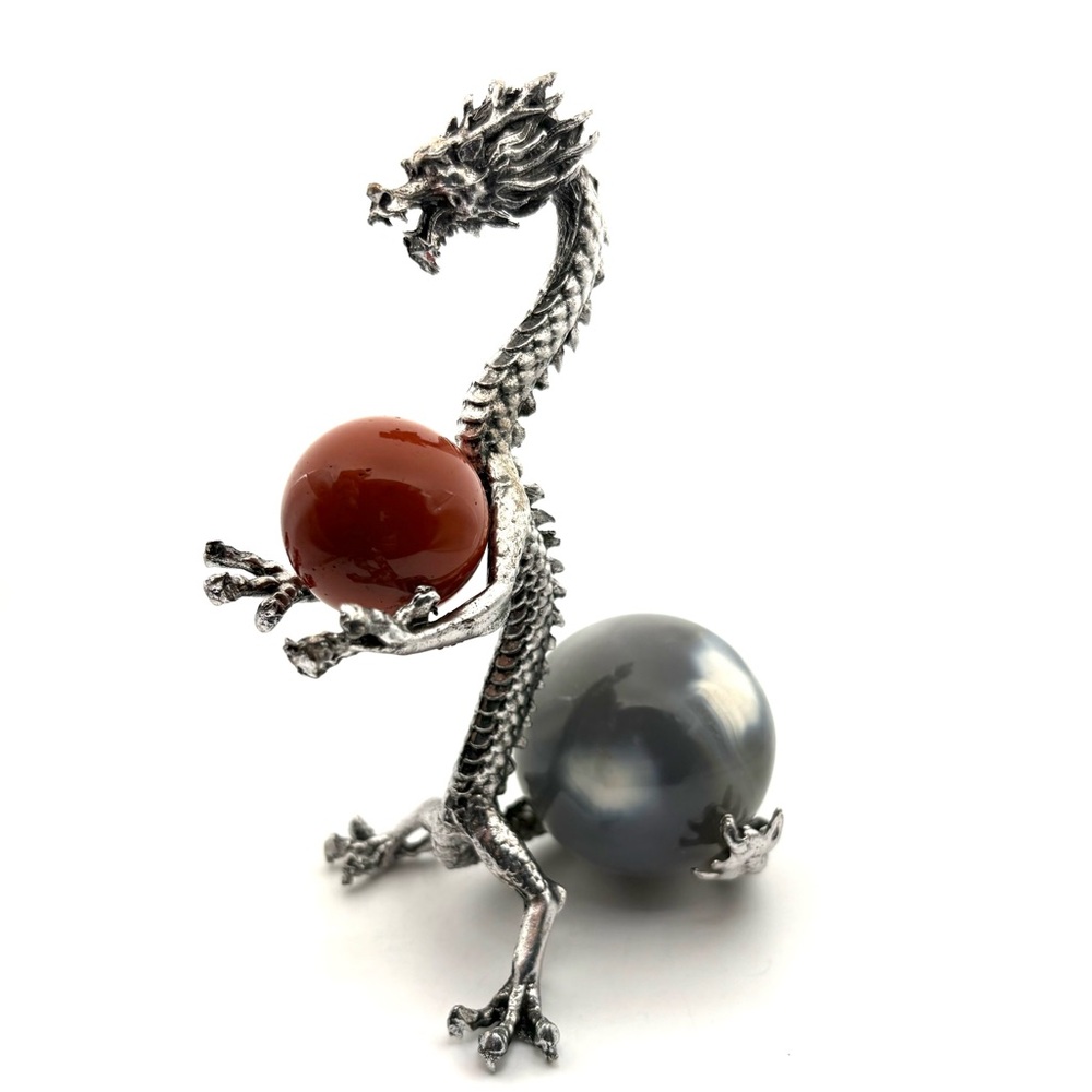 Metal Dragon Display Stand with Red Jasper & Orca Agate Crystal Spheres